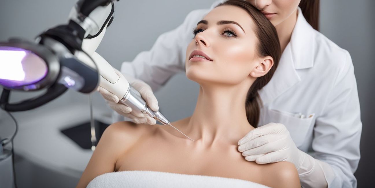 A female dermatologist is performing laser hair removal on a patient's skin in a professional clinic