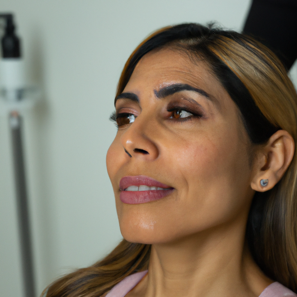 a 30+ latina beautiful female patient after bellafill filler rejuvenation face treatment in a medical spa cabinet AI generated