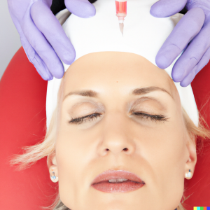 A blonde woman's face in a medical spa undergoing under eye filler treatment
