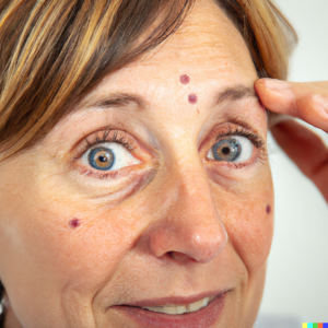 DALL·E 2023-02-22 18.25.34 - A woman in a doctor's office with visible signs of aging or tiredness around the eyes