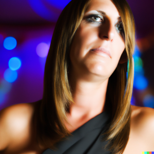 another angle - black sleeveless dress - another angle - night clubs good looking reveler female in her 30-s have gotten dark circles under her eyes