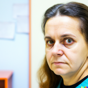 - a woman with dark hair in her 40s with tired eyes and visible dark circles under eyes is sitting in the medical office