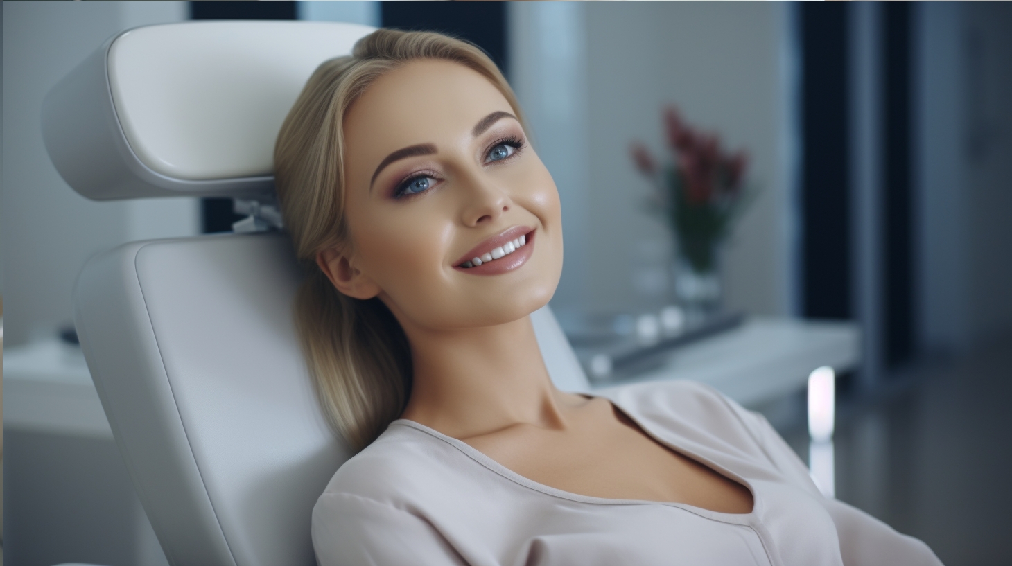 A young blonde woman is seating in a chair in a medical spa after Bellafill procedure