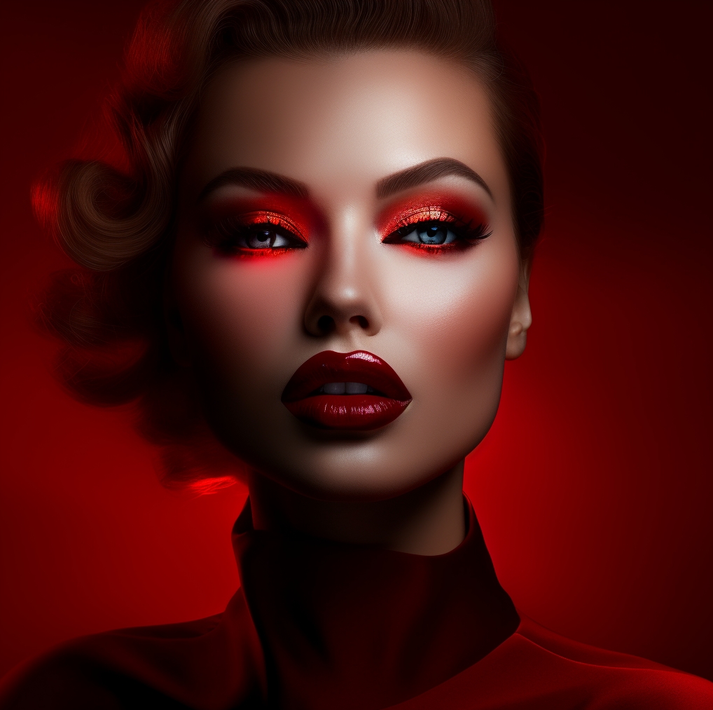 a beautiful woman art photo - red large lips, red makeup, red light