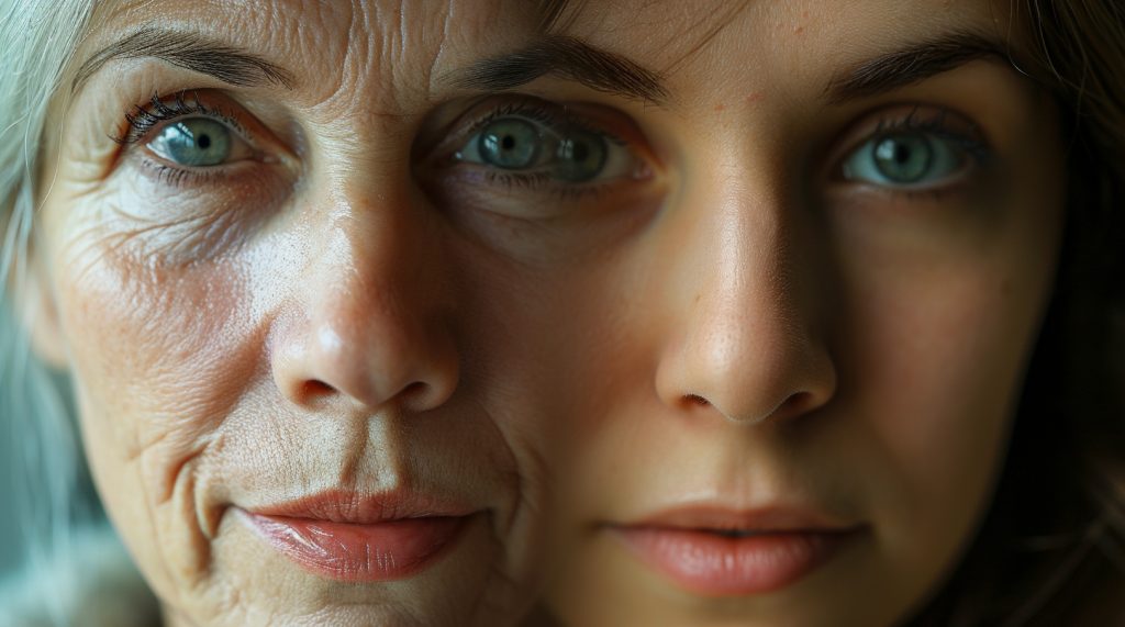 a face of a blue eyed woman before and after series of rejuvenation procedures