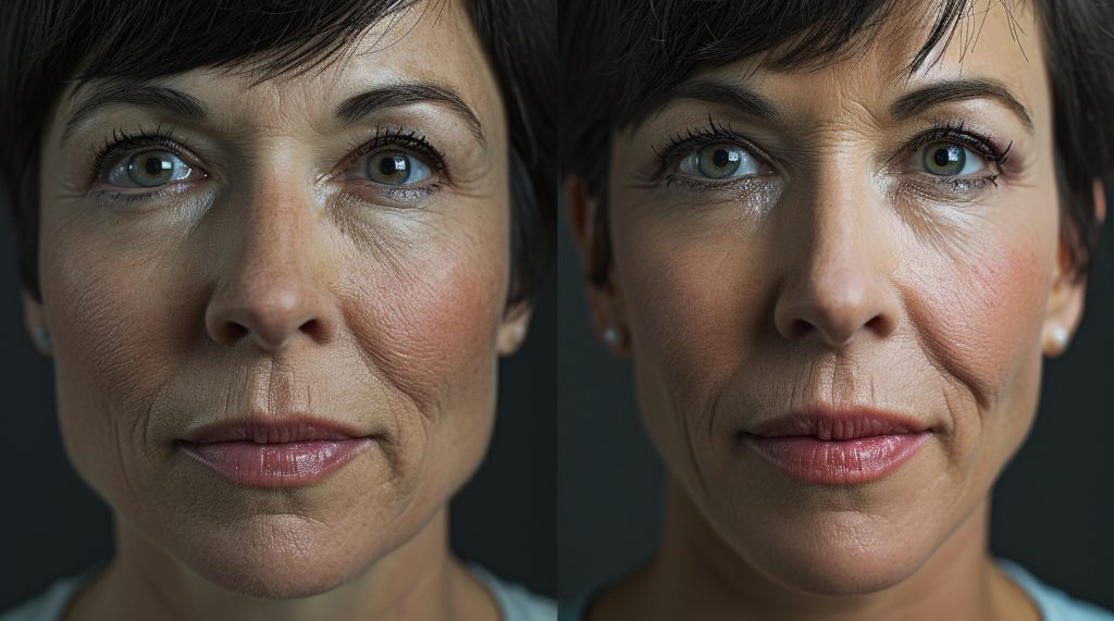 a face of a brunette woman in her 40s before and after series of rejuvenation procedures