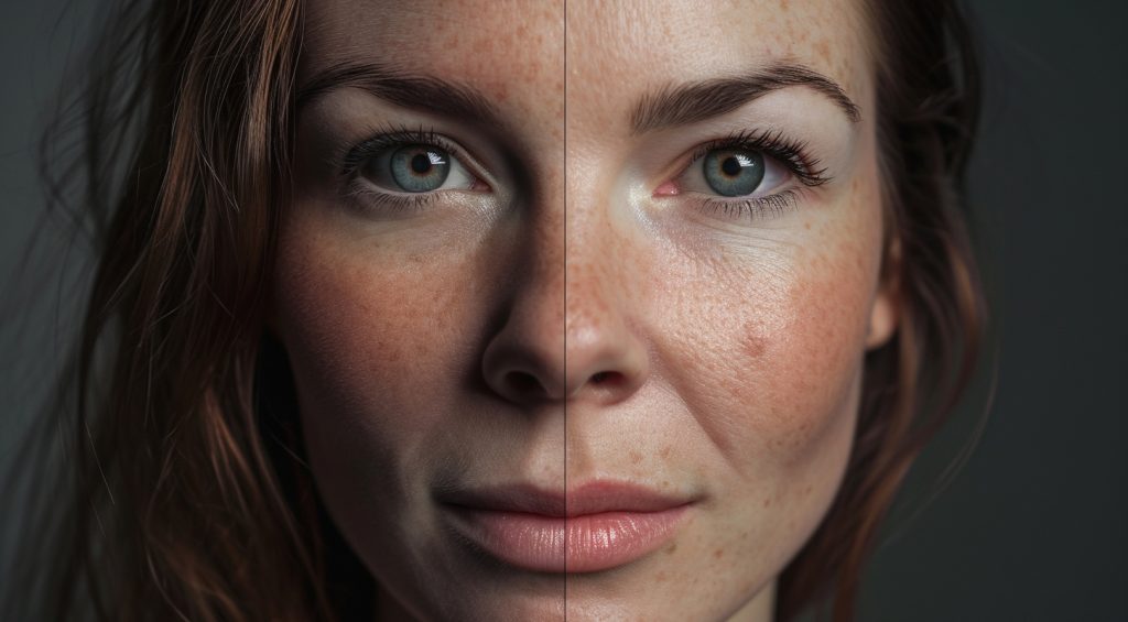 a face of a young woman split darker on the left ligthter on right