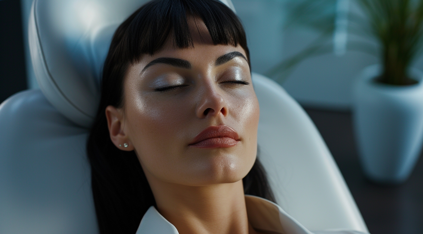 A brunette woman is seating in a chair in a modern medical spa office after undergoing under eye filler procedure