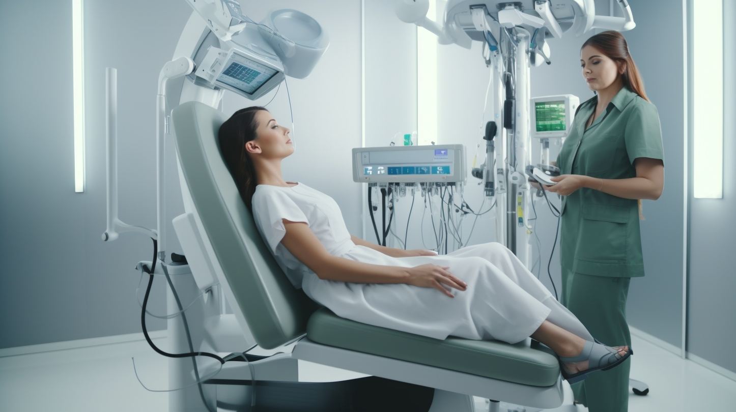 a woman is sitting in a modern high-tech medical chair with sensors and a monitor in a beauty clinic and a female technician near her