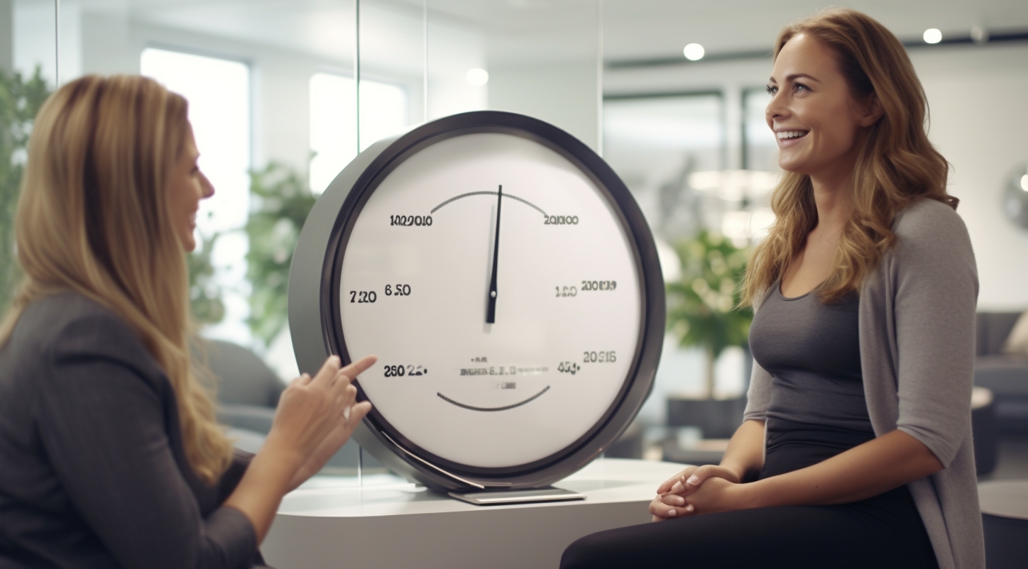 two women in an oficce are talking smiling and a big round white weigh scale on the table