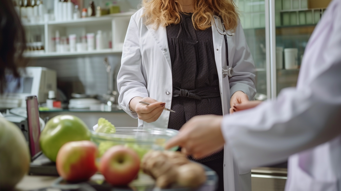 two women in white robes are talking in an office - vegetables on the table and supplements on the shelves on background