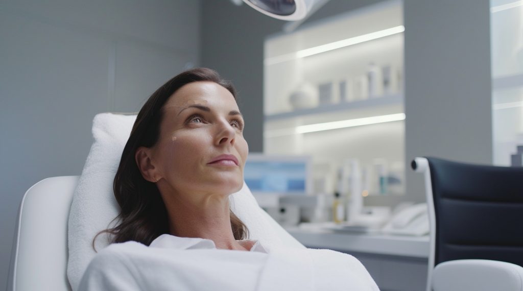 woman in her 40s is seating in a chair in a medical spa office after undergoing filler procedure