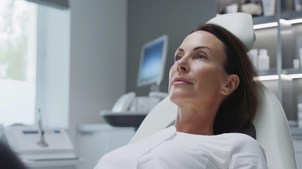 woman is seating in a chair in a medical spa office after undergoing under eye wrinkles filler procedure