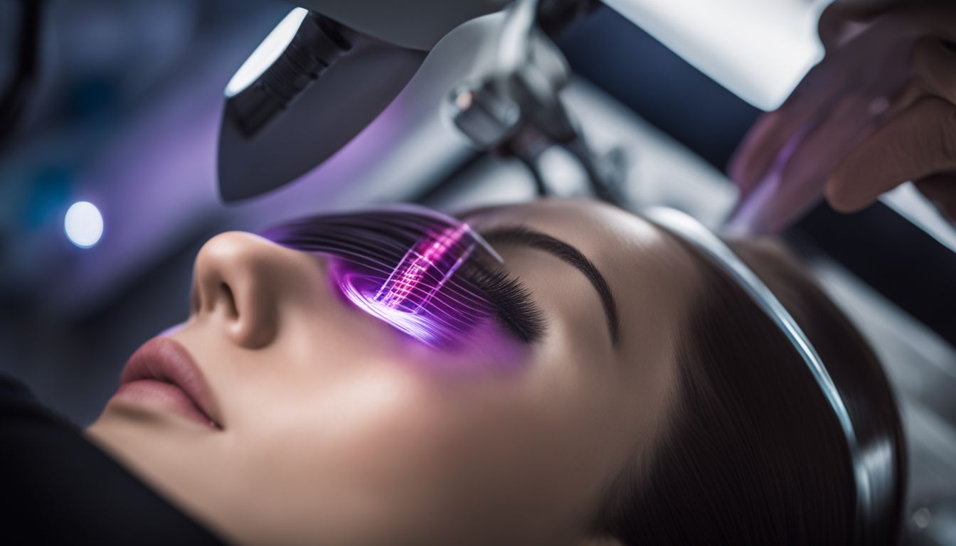 A close-up photo of a laser machine targeting womans face in protecting glasses in a bustling atmosphere