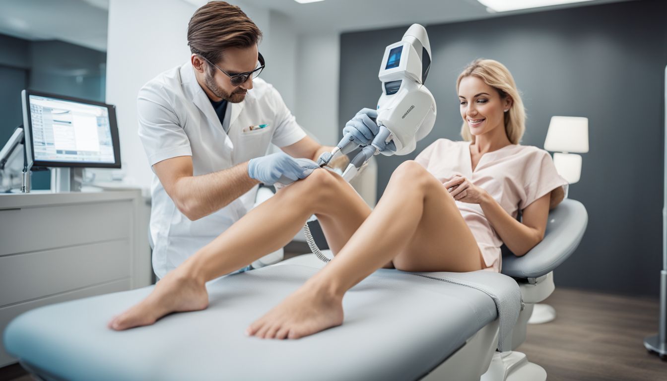 A woman receiving laser hair removal treatment on her legs in a modern clinic.
