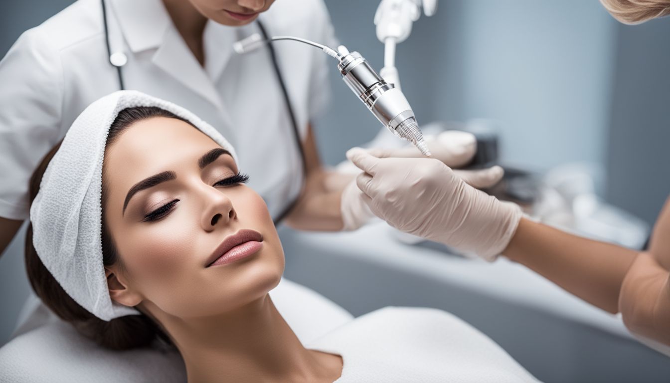 A woman receiving a Sculptra treatment in a modern dermatology clinic