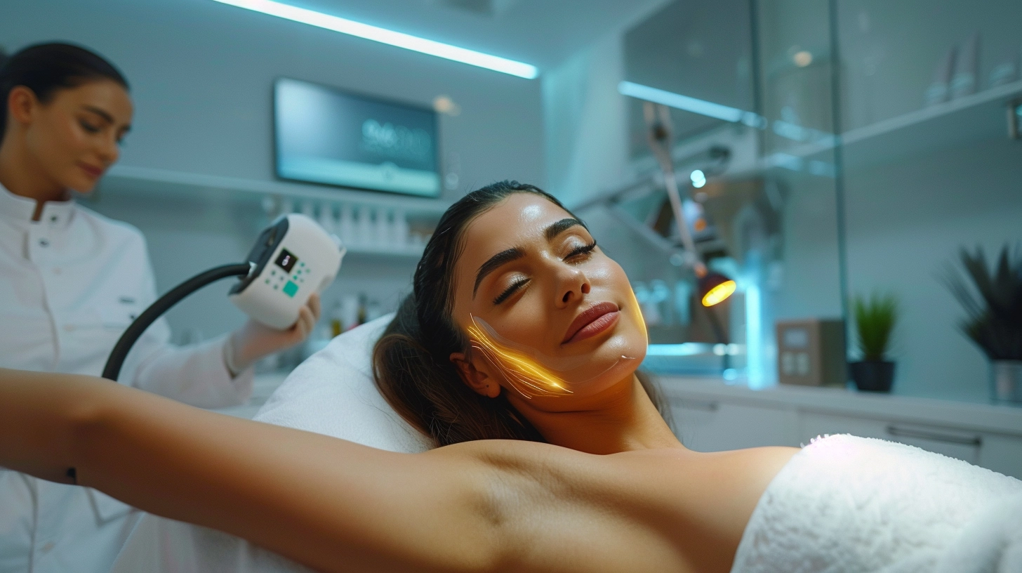A beautiful female undergoing laser hair removal on her arms in a medical spa