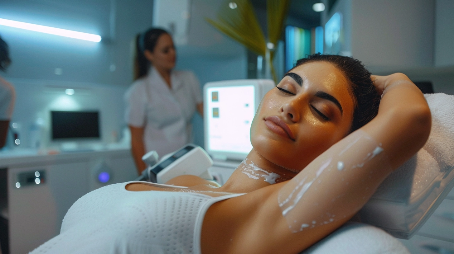 A woman undergoing laser hair removal on her arms in a medical spa