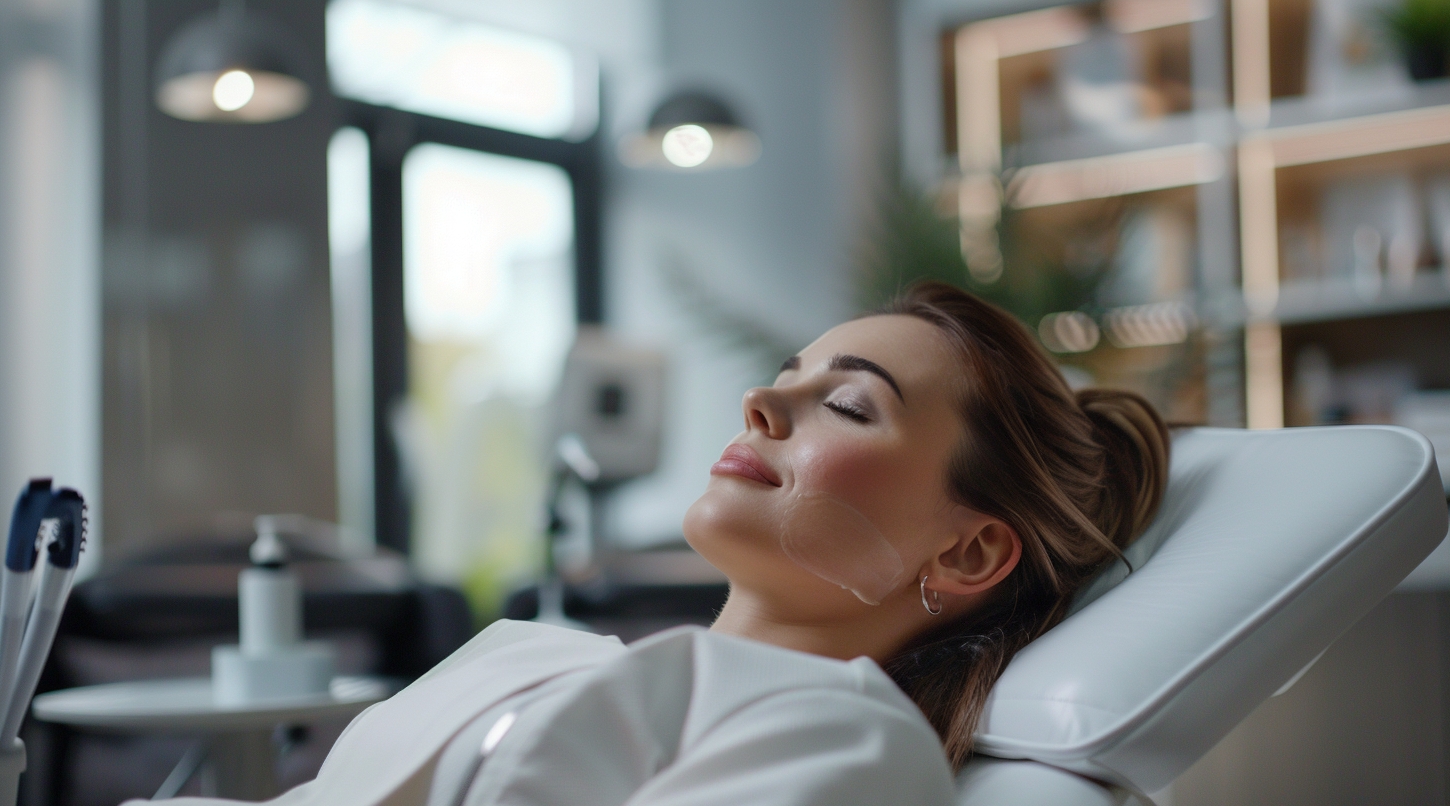 A woman in her 30s is seating in a chair in a modern medical spa after Sculptra face filler procedure
