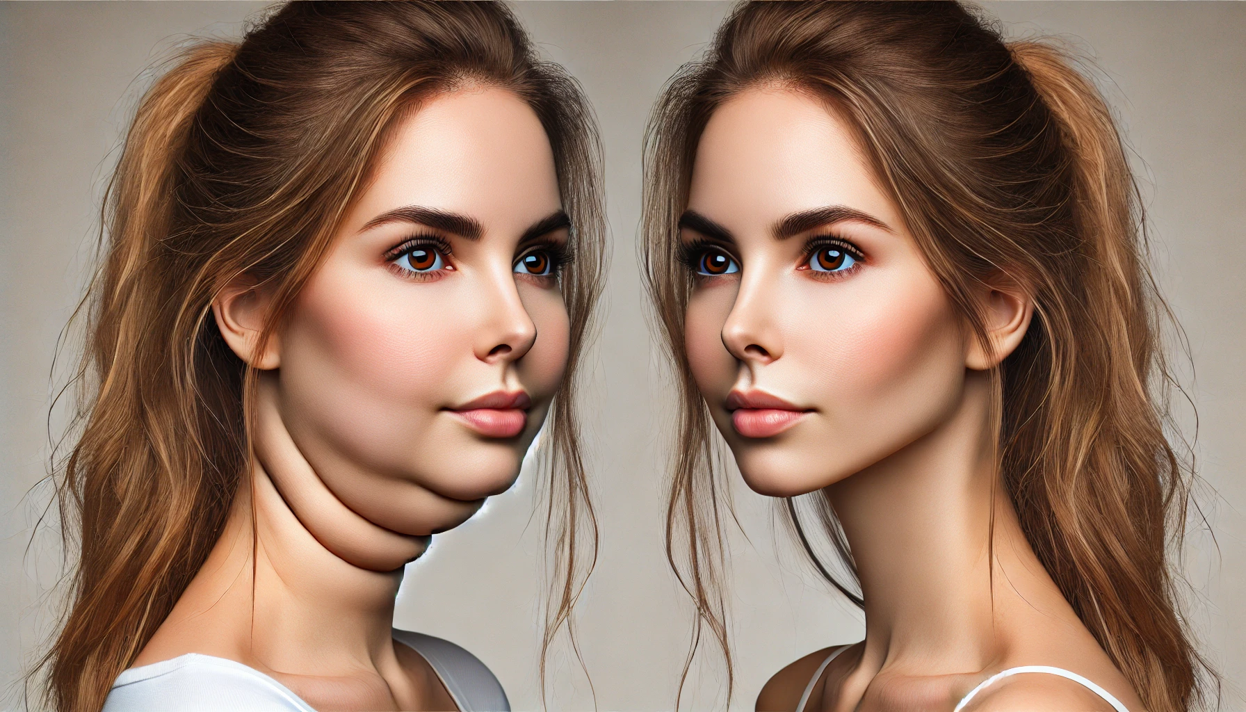 A woman with double chin on the left and with defined jawline looking younger on the right - after Kybella treatment