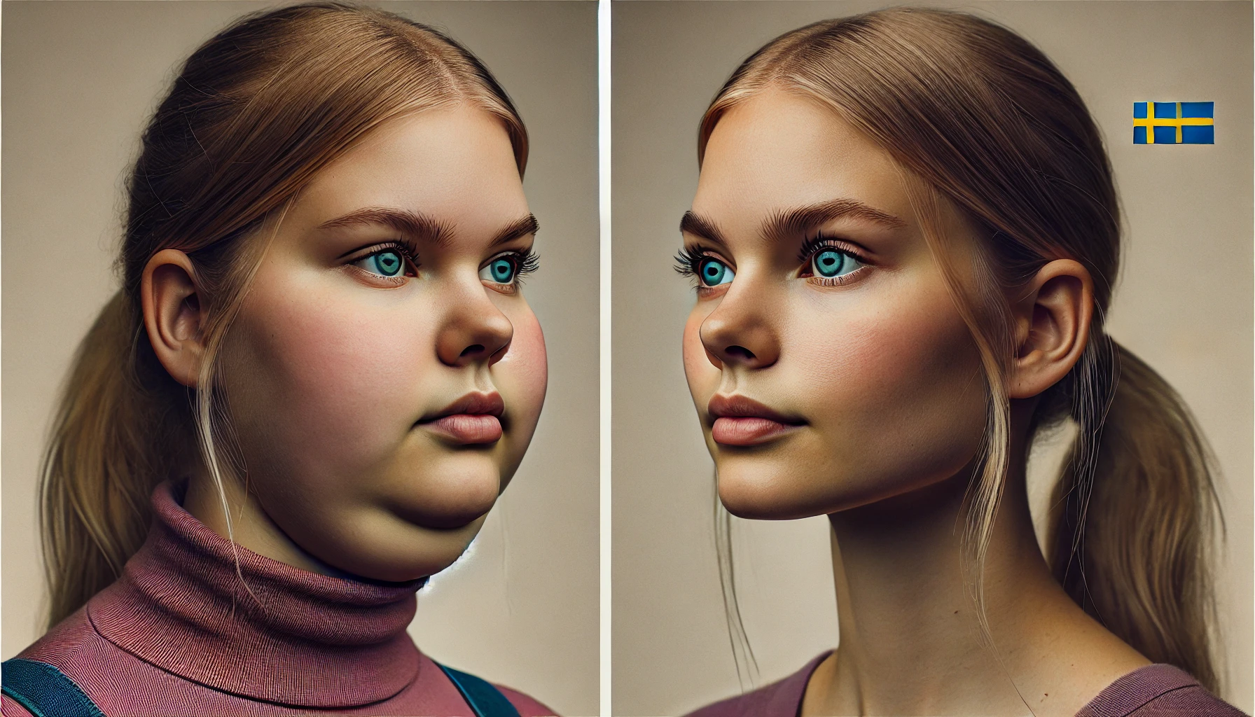 The photo shows a girl with a double chin on the left and the same girl with a sharp jawline on the right