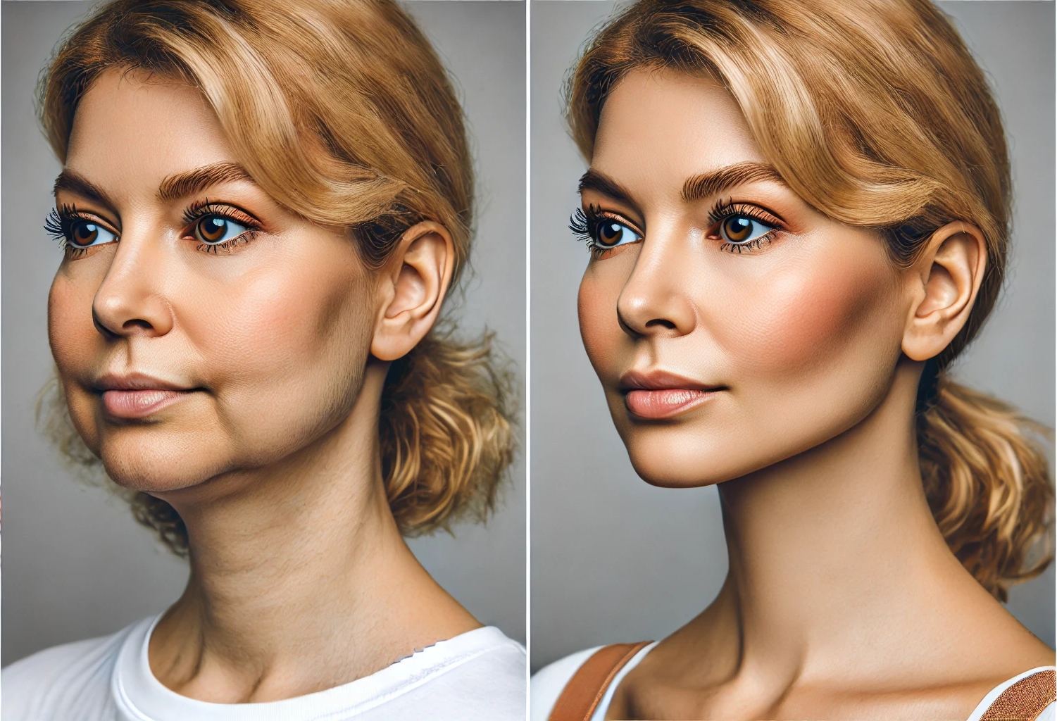 before and after kybella - double chin on the left and defined jawline on the right1