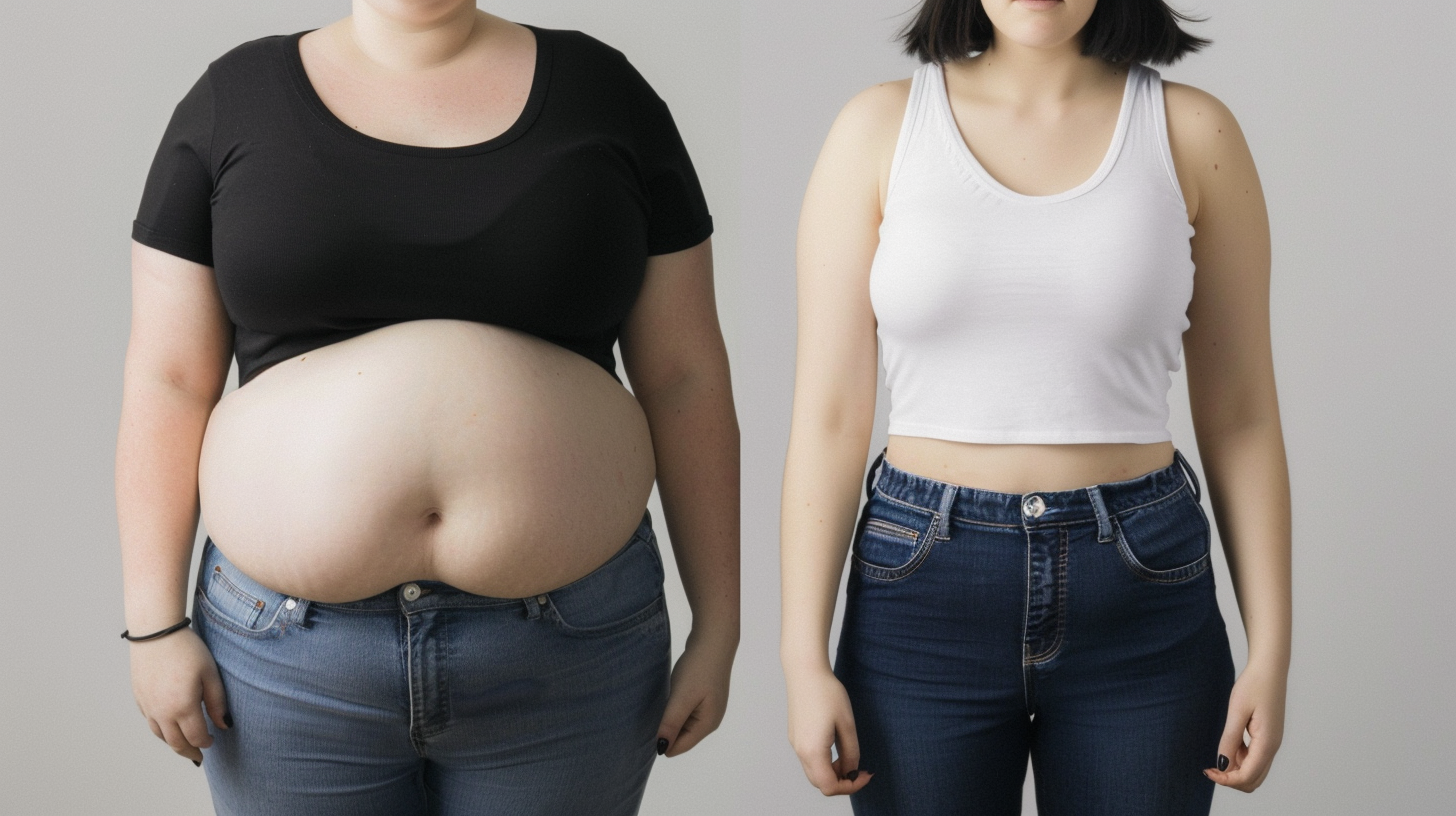 two photos of the same woman in the same clothing before and after weight loss treatment