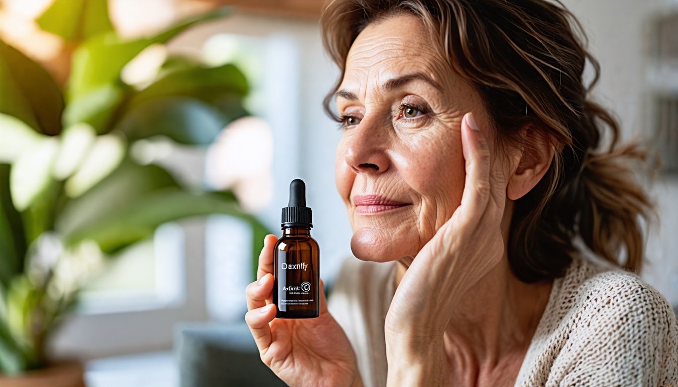 A woman in her 60s applies wrinkle treatment serum at home