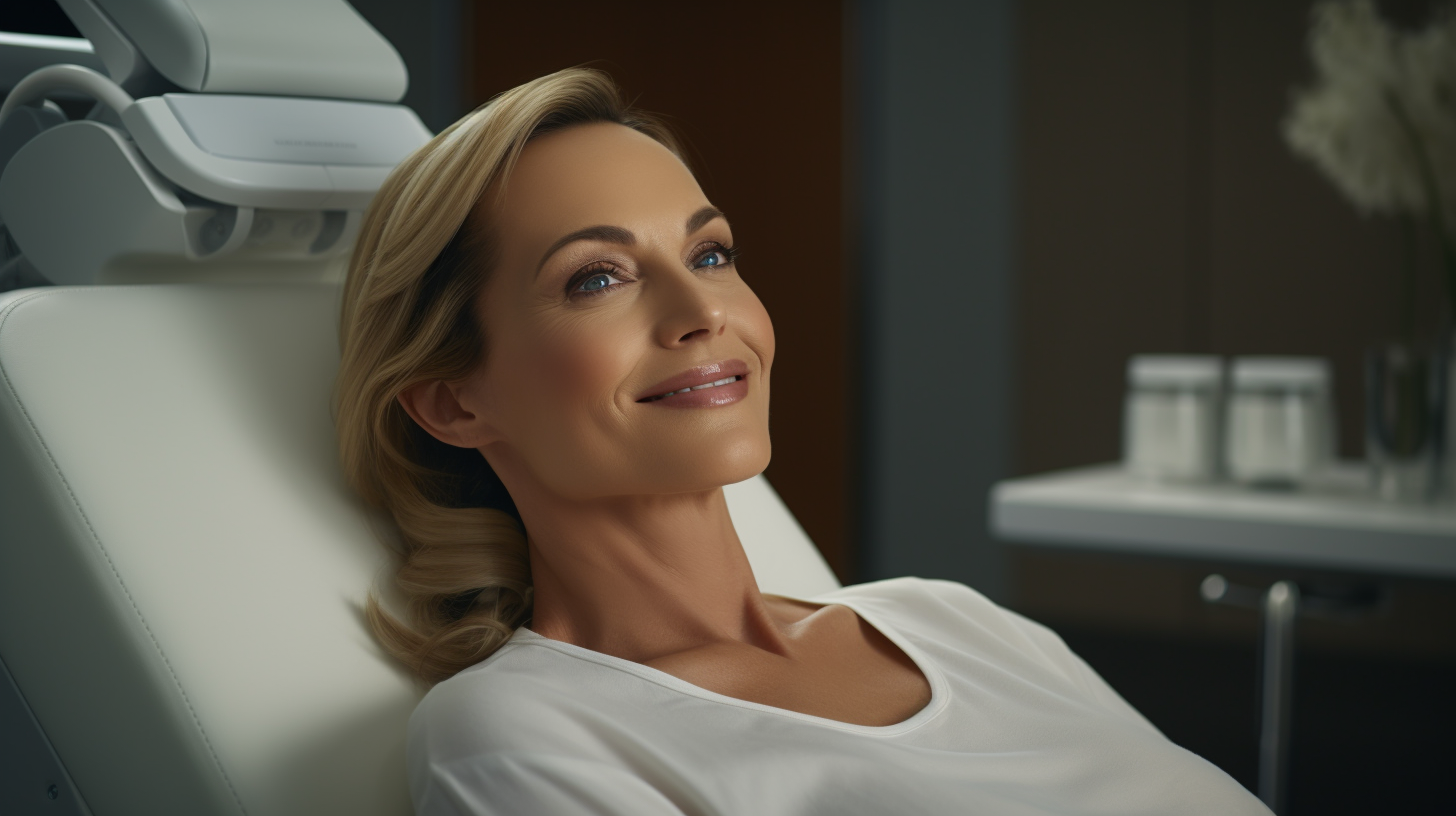 A woman is in a medical spa office after undergoing Sculptra filler procedure