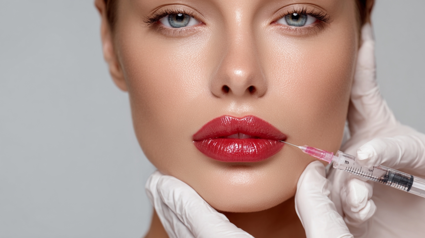 Professional photo of lip filler procedure performed by a doctor hands in medical gloves