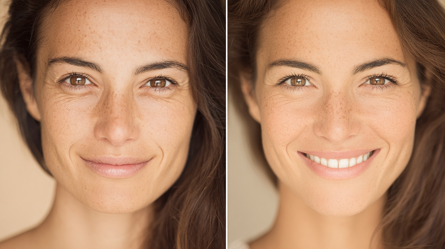 A close-up of the face of a woman before and after using Daxxify for crows feet