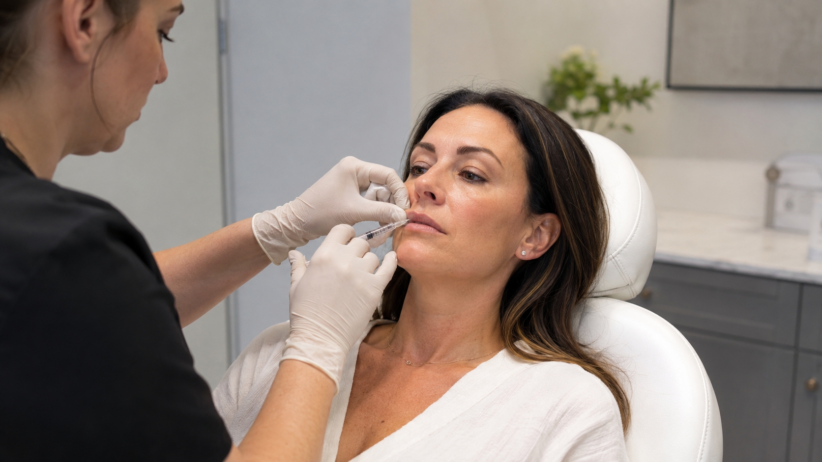 Woman receiving a lip filler injection from a practitioner in a modern cosmetic clinic